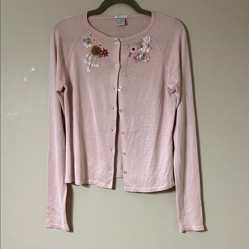Elegant Floral Embroidered Cardigan in Light Pink